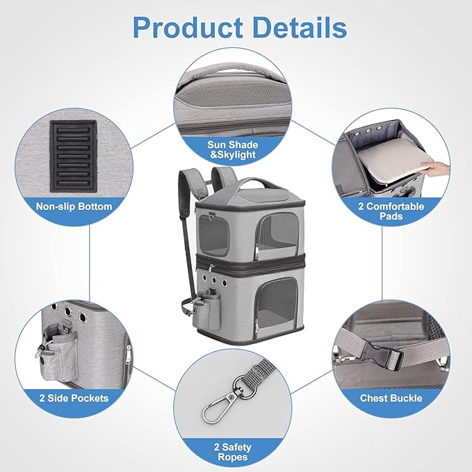 Detachable Double Pet Carrier Backpack for Cats and Small Dogs, Cat Travel Carrier for 2 Cats, Perfect for Traveling/Hiking/Camping, Grey