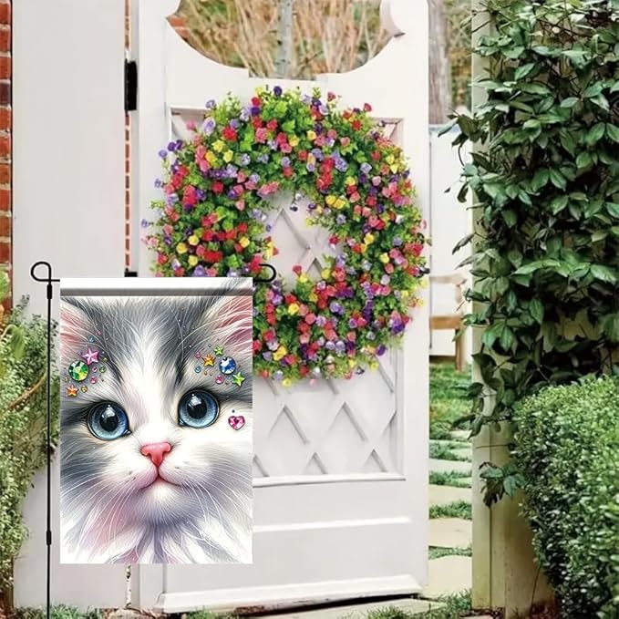 Cute Kitty Garden Flag 12x18 Inch Bling Rhinestone Cat Face Banner Double Sided Kitten Yard Decor for Cat Lovers, Spring Summer Outdoor Decoration