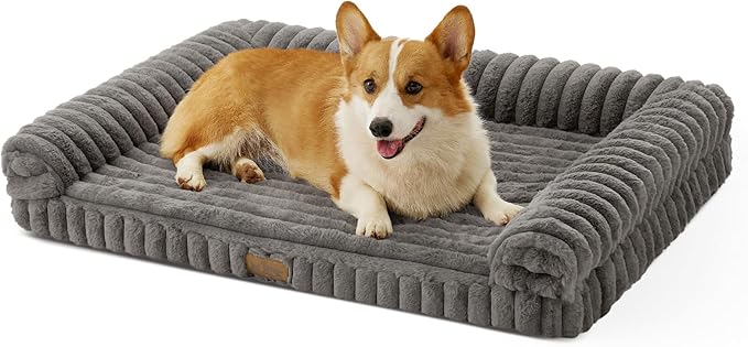 Cute Dog Bed for Medium Dogs, Faux Rabbit Fur Orthopedic Foam Dog Bed with Sides, Removable Washable Cover & Waterproof Lining, Comfortable Pet Couch, Grey (36" L x 27" W x 6.5" Th)
