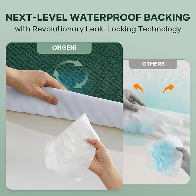 OhGeni 100% Waterproof Mattress Protector,Queen Size Mattress Soft Pad,Pet Hair & Bedwetting Resistant,Cooling Breathable Fitted Sheets,Washable Bed Cover,Non-Slip Deep Pocket,Noiseless,Green