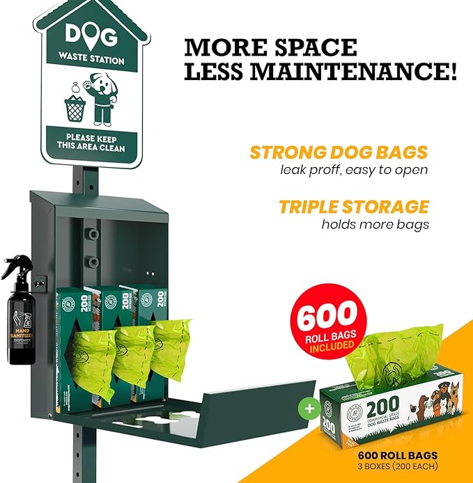 ALAGPRO® Dog Waste Station Outdoor Pet Waste Station with Hand Sanitizer Bottle, Commercial Dog Poop Station with Free 600 Roll Waste Bags & 50 Can Liners for Backyard, Park & HOA's