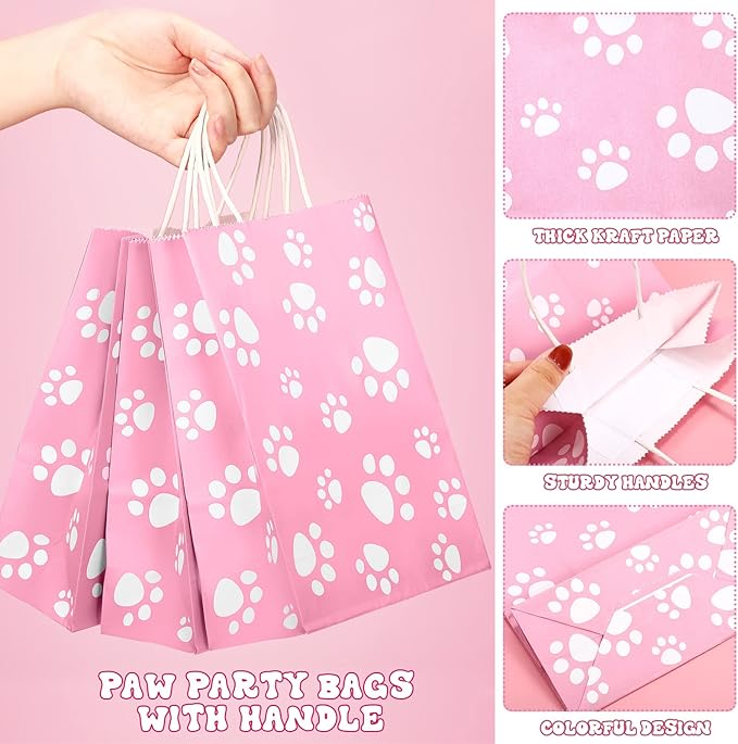 Blulu 20 Pcs Puppy Dog Paw Gift Bags with Paper Twist Handles, Dog Gift Paper Paw Treat Goodie Bags for PET Treat Party Favor, 6.3 x 3.1 x 8.6 Inch(Pink Backing)