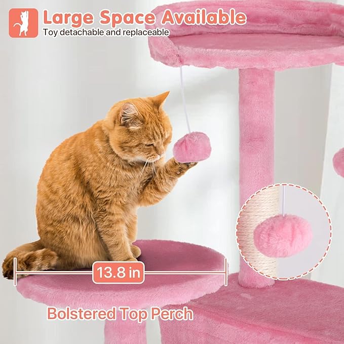 54in Cat Tree Cat Climbing Tower with Scratching Post, Cats House Perch Kitten Tree Condo Wood Playhouse, Pet Trees Tower for Indoor Cats, Pink