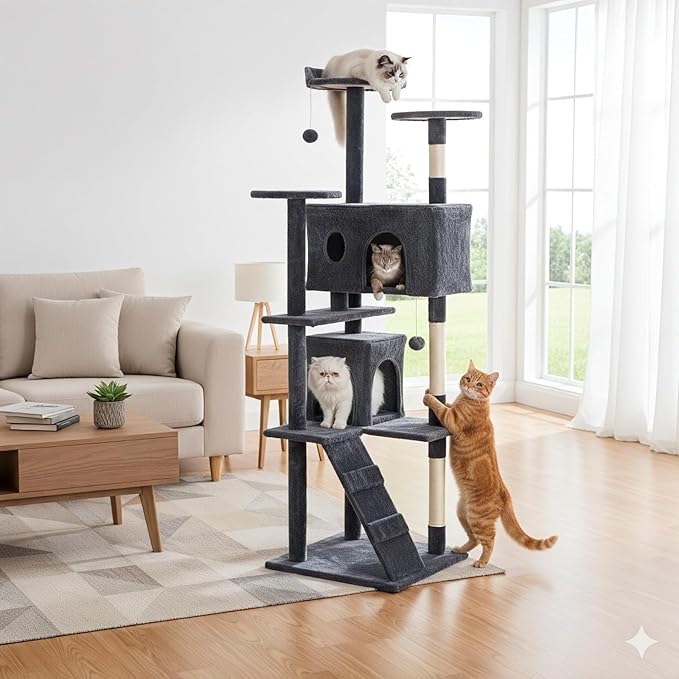 DUMOS 80-inch Indoor Cat Tree Tower –Multi-Level Pet House for Large Cats with 2 Condos, Scratching Posts, Round Platform, Small Ladder, and Toys, Grey