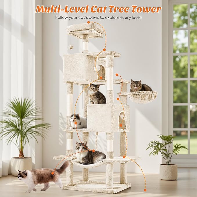 Large Cat Tree 66 Inch, Multi-Level Tall Cat Tree Tower with Condo, Perches, Sisal Scratching Posts and Hammock, Pet Play House with Dangling Balls for Indoor Cats, Beige