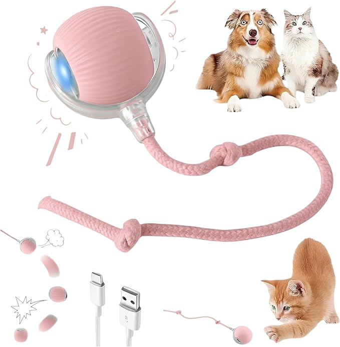 Interactive Electric Automatic Rolling Moving Rechargeable Self Play Stimulation Toy,Smart Pet Chase with Speedy Tail Rope for Bored Indoor Cats (Pink)