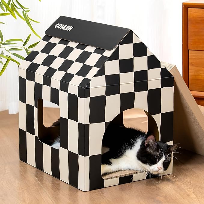 Cardboard Cat House with Scratch Pad & Catnip, Cat Play Scratching House for Indoor Hideaway Furniture, Heavy Duty Sturdy Cardboard Scratcher, Easy to Assemble Birthday Gift, Large