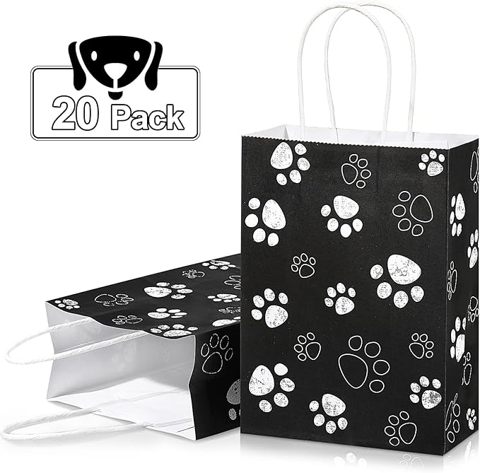 Blulu 20 Pcs Puppy Dog Paw Gift Bags with Paper Twist Handles, Dog Gift Paper Paw Treat Goodie Bags for PET Treat Party Favor, 6.3 x 3.1 x 8.6 Inch(Black Backing)