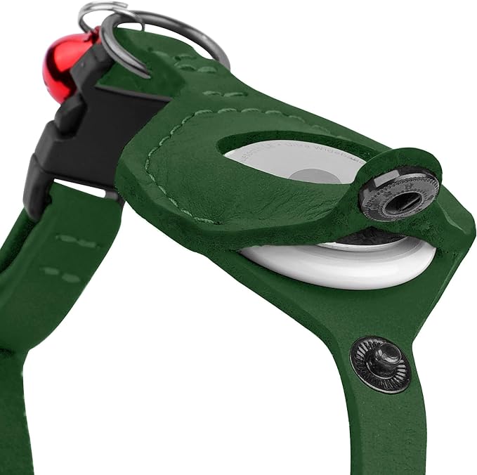 Breakaway Airtag Cat Collar with Removable Bell - Leather Pet Collar with Apple Air Tag Holder - Adjustable GPS Collars for Girl Boy Cats Kitten Puppy - Lightweight, Cute and Comfortable (Emerald)
