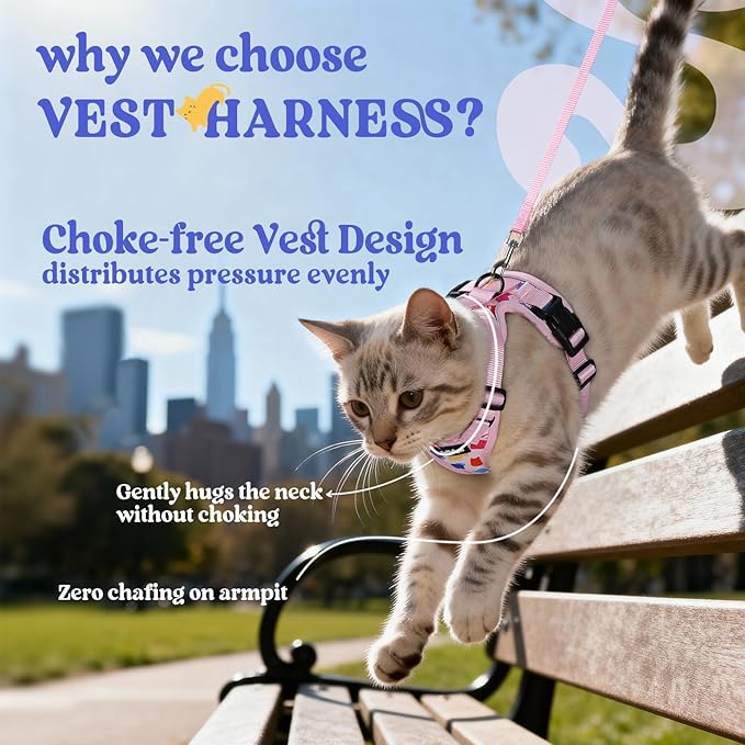 rabbitgoo Cat Harness and Leash for Walking, Escape Proof Soft Adjustable Vest Harnesses for Cats, Easy Control Breathable Reflective Strips Jacket, Purrty Pink, XS