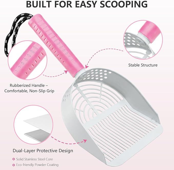 Cat Litter Scoop, Metal Scooper for Cat Box, Aluminum Alloy Sifter, Deep Shovel Poop Cleaner, Long Handle Ergonomic Grip, Rustproof Waterproof Construction, Design for Litter Box Cleaning