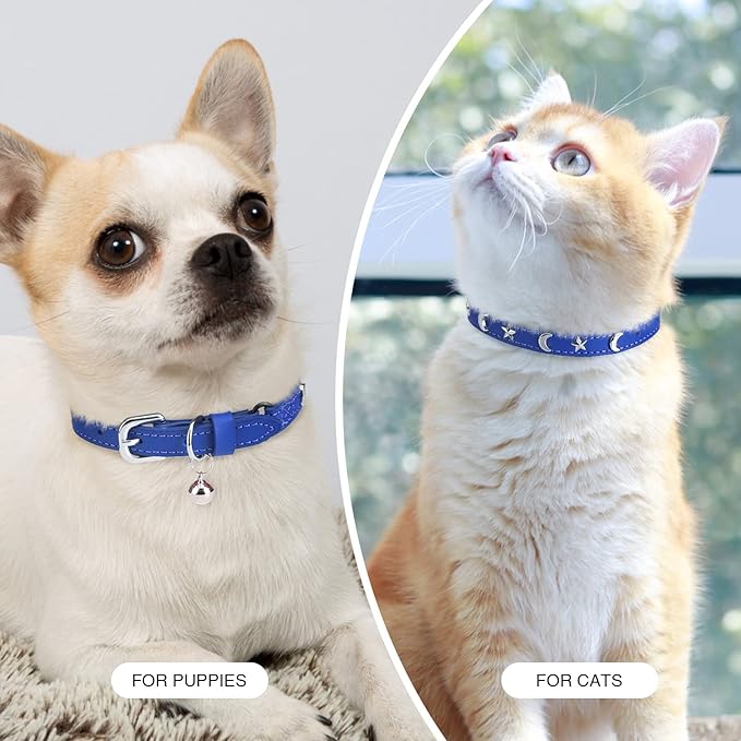 Leather Cat Collars for Boy Girl Cats with Bell and Safety Elastic Belt, Personalized Star and Moon Stud Adjustable Safe Buckle Collar for Kitty Small Big Cats Size 7-9 Inch, Blue