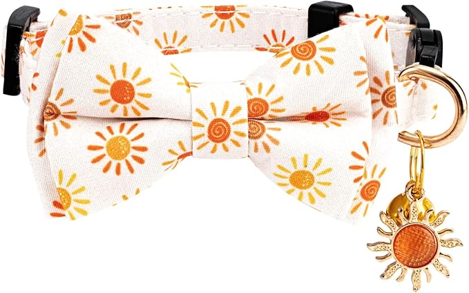 2 Pack Breakaway Cat Collar with Removable Bow Tie and Bell for Boy Girl Cats,Cute Cotton Kitten Collar with Purple Lavender and Red Flower Pattern for Female Male Cats (Lightning&Sun)