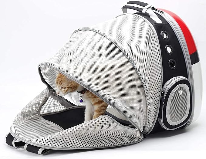 Back Expandable Cat Backpack Carrier, Fit up to 12 lbs, Hard Shell Bubble Dome Window Pet Transport and Carry Bag for Kitten Cat Bunny Rabbit and Small Puppy