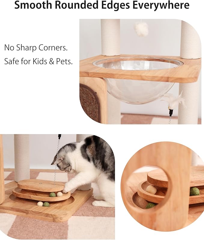 Wood Cat Tree for Large Cats, Modern Cat Tree Tower with Wide Shelves Cotton Scratching Posts, Super Sturdy Base, Cozy Perches, and Interactive Toys for Indoor Kittens 31-Inch