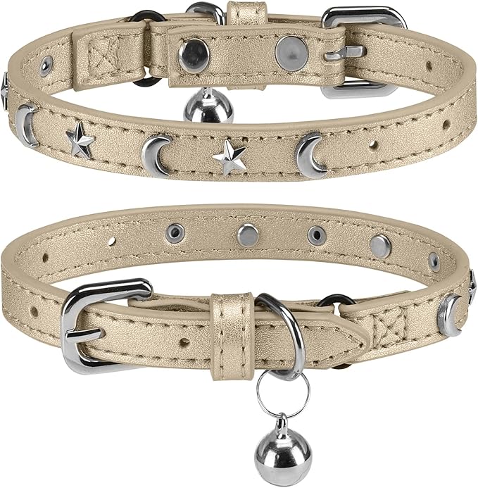 Leather Cat Collars for Boy Girl Cats with Bell and Safety Elastic Belt, Personalized Star and Moon Stud Adjustable Safe Buckle Collar for Kitty Small Big Cats Size 8-12 Inch, Gold