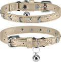 Leather Cat Collars for Boy Girl Cats with Bell and Safety Elastic Belt, Personalized Star and Moon Stud Adjustable Safe Buckle Collar for Kitty Small Big Cats Size 8-12 Inch, Gold