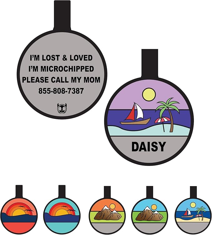 Silent Dog Tag Personalized with 5 Lines of Custom Deep Engraved Durable Soundless Silicone Pet ID Name Tag Round Beach Purple
