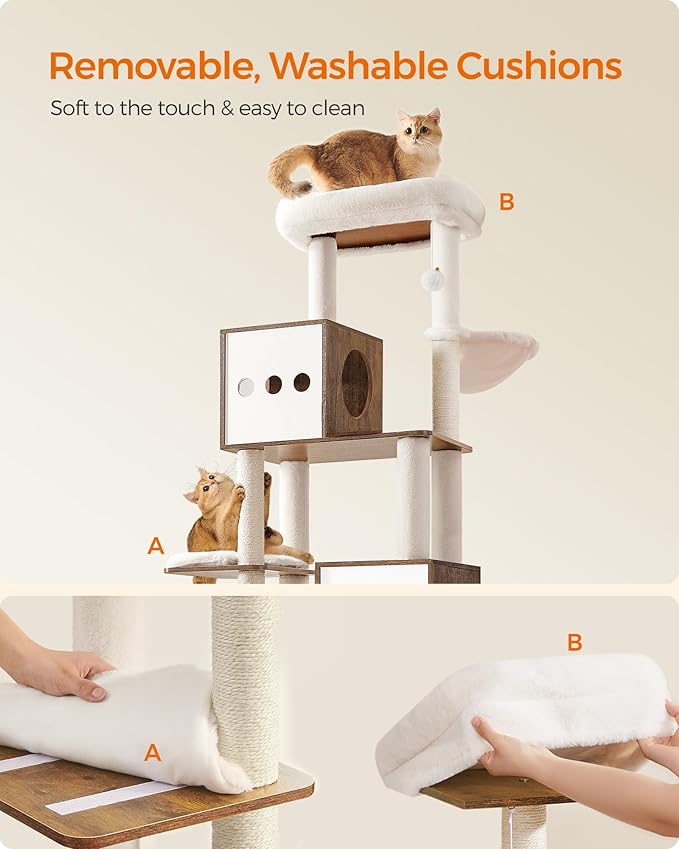 Feandrea Cat Tree with Litter Box Enclosure, 70.1-Inch Tall Cat Tower, 2-in-1 Modern Condo with Scratching Posts, Perch, Caves, Basket, Washable Cushion, Rustic Brown UPCT116X01
