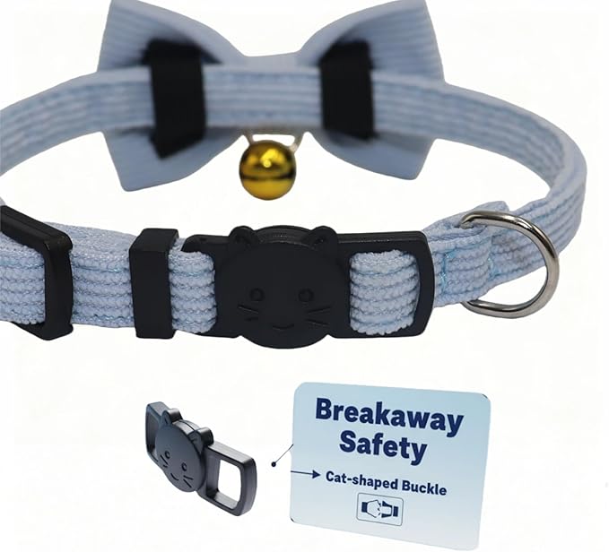 THAIN Cat Collar with Bow Tie and Bell, Breakaway Adjustable Cute Soft Corduroy Kitten Collars Safety Buckle for boy Cats(Solid Light Blue)