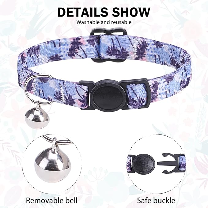 Breakaway Cat Collars for Girl Boy Cats, Spring Summer All Weather Cat Collar Personalized Pattern 2 Pack,Cute Classic Safety Buckles and Bells,Adjustable Printed Nylon Colorful Kitten Collar