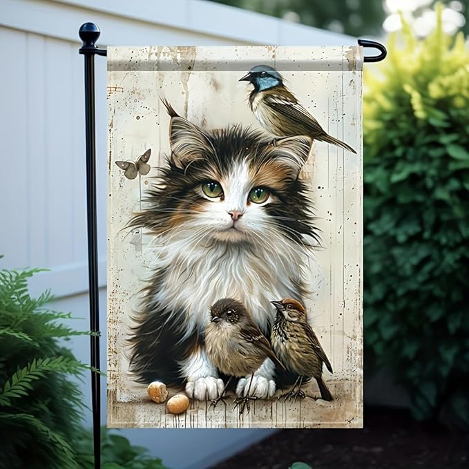 Cat and Birds Garden Flag 12x18 Inch Double Sided Outdoor Yard Banner Fluffy Kitten with Songbirds Design for Spring Summer Porch Lawn Home Decoration