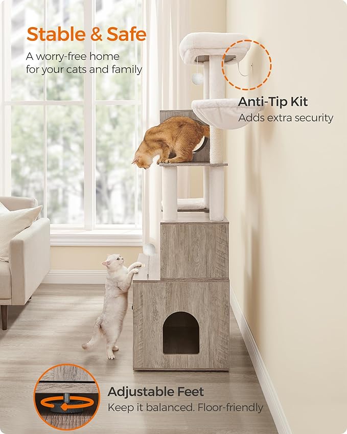 Feandrea Cat Tree with Litter Box Enclosure, 70.1-Inch Tall Cat Tower, 2-in-1 Modern Condo with Scratching Posts, Perch, Caves, Basket, Washable Cushion, Heather Greige UPCT116G01