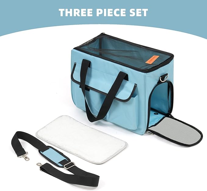 Cat & Dog Carrier for Pets Up to 15 Lbs, Airline Approved Soft-Sided Collapsible Pet Carrier for Cats & Dogs, Cat Carrier with Breathable Mesh, Padded Interior – Ideal for Car Rides, Daily Use(Blue)
