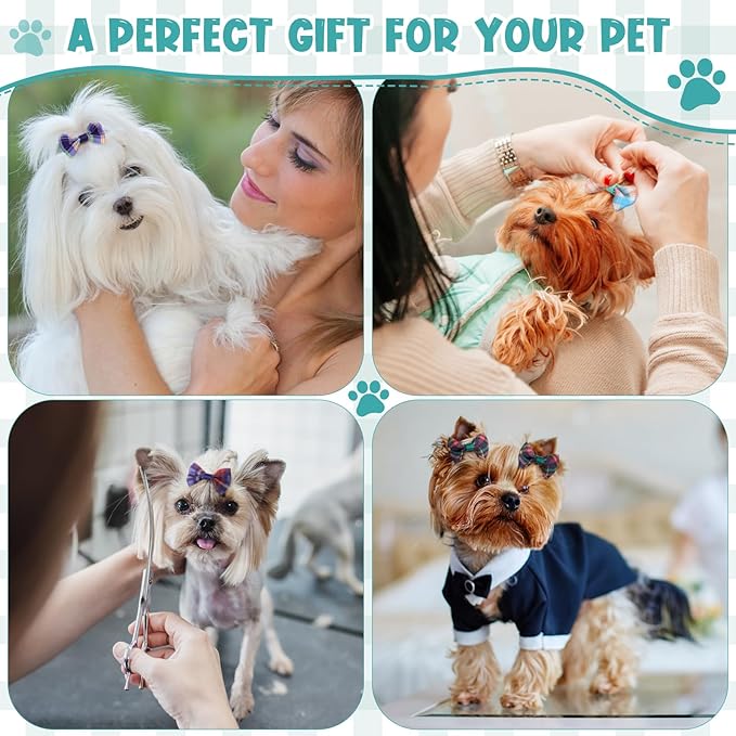 60 Pcs Cute Puppy Dog Hair Bows Small Bowknot Hair Bows with Rubber Bands Handmade Knot Accessories Pet Grooming Products for Holiday Birthday Gift(Plaid)