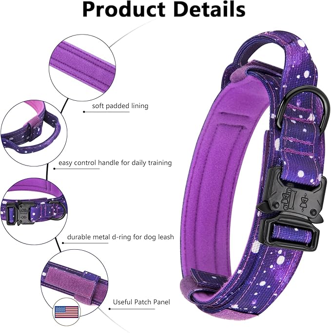 DAGANXI Tactical Dog Collar, Adjustable Military Training Nylon Dog Collar with Control Handle and Heavy Metal Buckle for Medium and Large Dogs, with Patches and Airtags Case (L, Purple Sky)