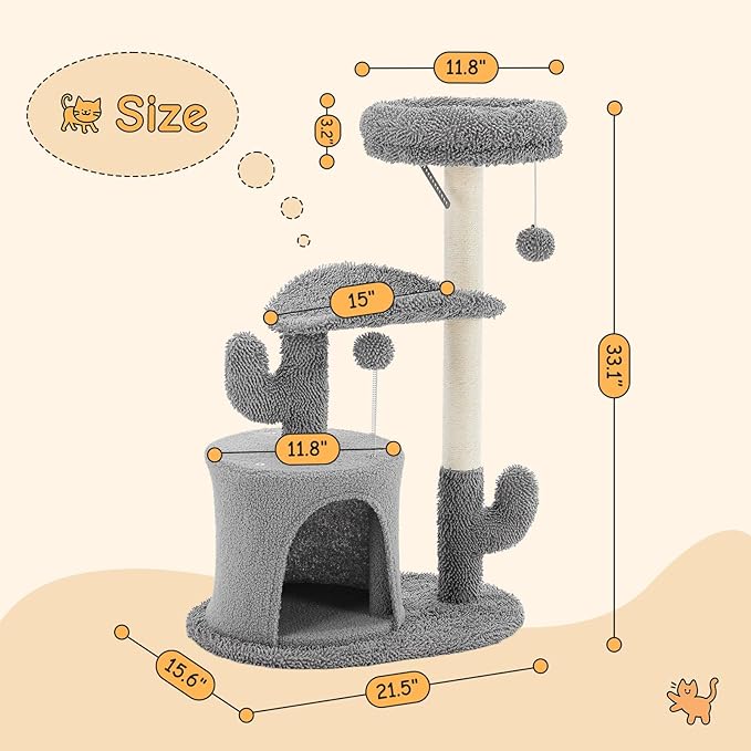 33 Inch Small Cat Tree Tower, Cat Tree with Curved Bed, Cat Tower with Scratching Post and Cozy Condo for Indoor Kittens and Cats, Grey
