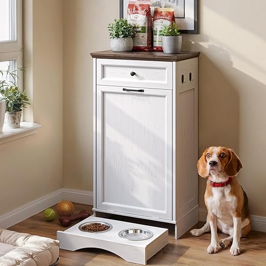 Tilt Out Trash Can Cabinet with Dog Bowl, 13 Gallons Dog Food Storage Cabinet, Hidden Trash Can Cabinet with Hideaway Drawer for Kitchen, Living Room (White, Single Door)