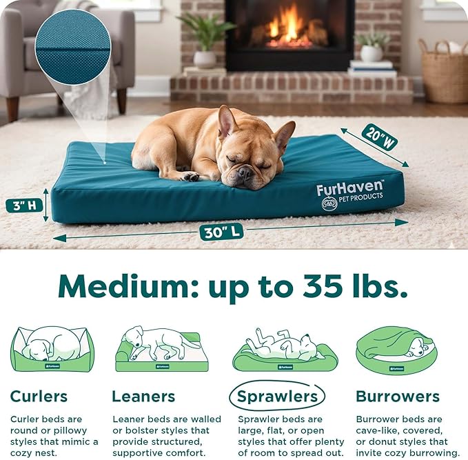 FurHaven Water-Resistant Orthopedic Dog Bed for Medium Dogs, Oxford Polycanvas Mattress with Orthopedic Solid Slab Foam for Joint Support, Removable Washable Cover, Medium, Deep Lagoon