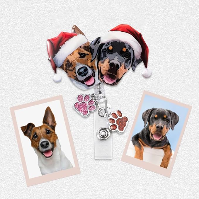 callie Personalized Christmas Pet Badge Reel - Custom 1-3 Dog Cat Photos, Christmas ID Badge Holder Retractable Clip with Paw Charm, Holiday Gift for Pet Lover Nurse Vet Doctor