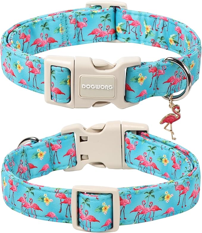 DOGWONG Spring Summer Dog Collar-Cute Flamingo Dog Collar, Adjustable Soft Beach Hawaiian Dogs Collars for Medium Dogs, M