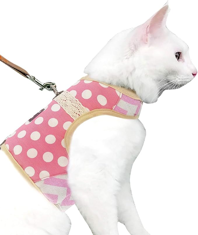 Cat Harness and Leash for Walking Escape Proof, Adjustable Cat Vest Harness, Padded Stylish Cat Walking Jackets, Polka Dot Pink, X-Small