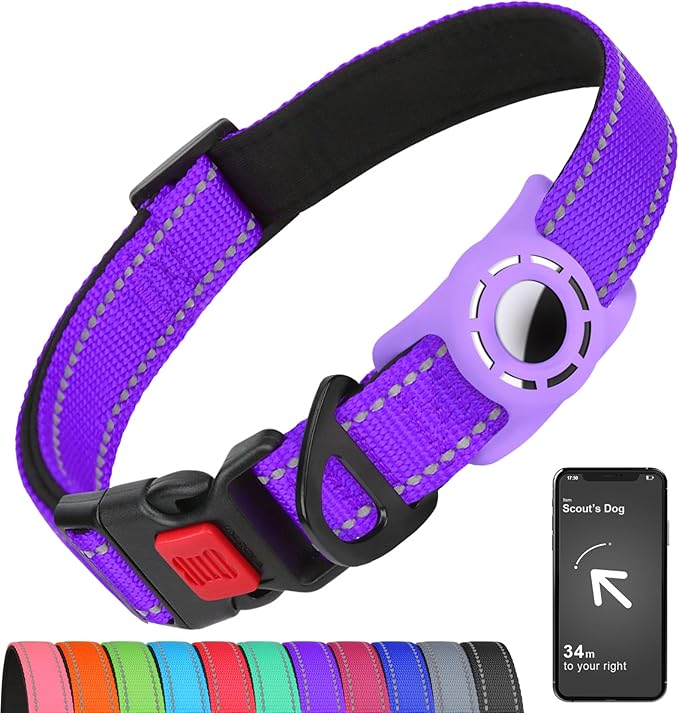Airtag Dog Collar with AirTag Holder for Puppy Small Dogs, Reflective, Soft Padded & Safety Locking Buckle, Nylon Pet Collars Adjustable for All Breeds, Purple,XS