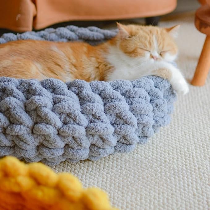 Cat Nest Bed - Premium Self Warming Handwoven Washable Extra Soft Round Cave House for Indoor Kitten & Kitty, Small & Large (Grayish Blue,Medium)