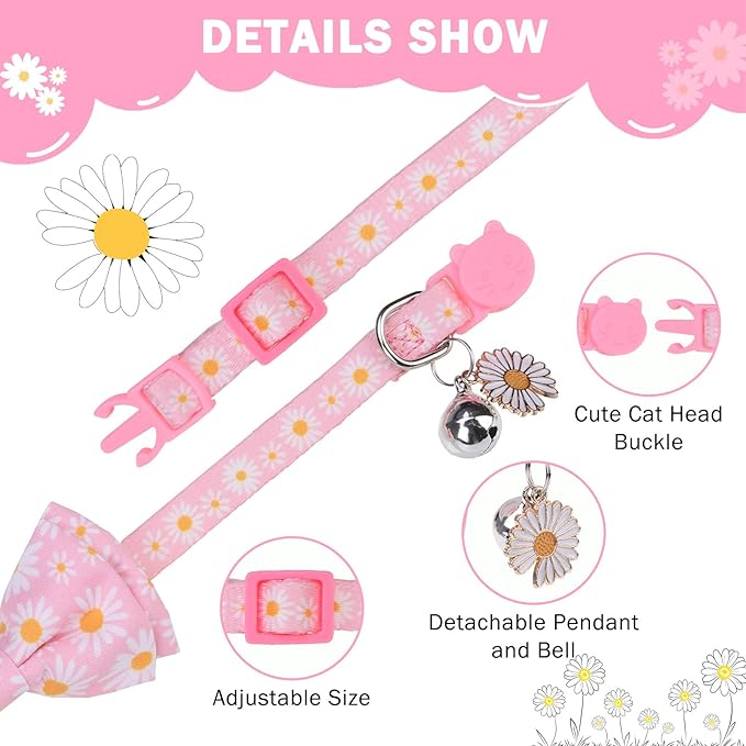 SCENEREAL Spring Cat Collar Breakaway with Bells, 2 Pack Cute Flower Pet Collar with Removable Bow Tie and Bandana, Adjustable Safety Buckle with Daisy Pendants for Girl Cats Kitten