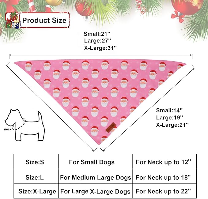 PTDECOR Christmas Dog Bandana, Santa Snowman Design Reversible Holiday Pet Scarf, Pink Triangle Fit Female Christmas Bandanas for Small Dogs Pets (Small)