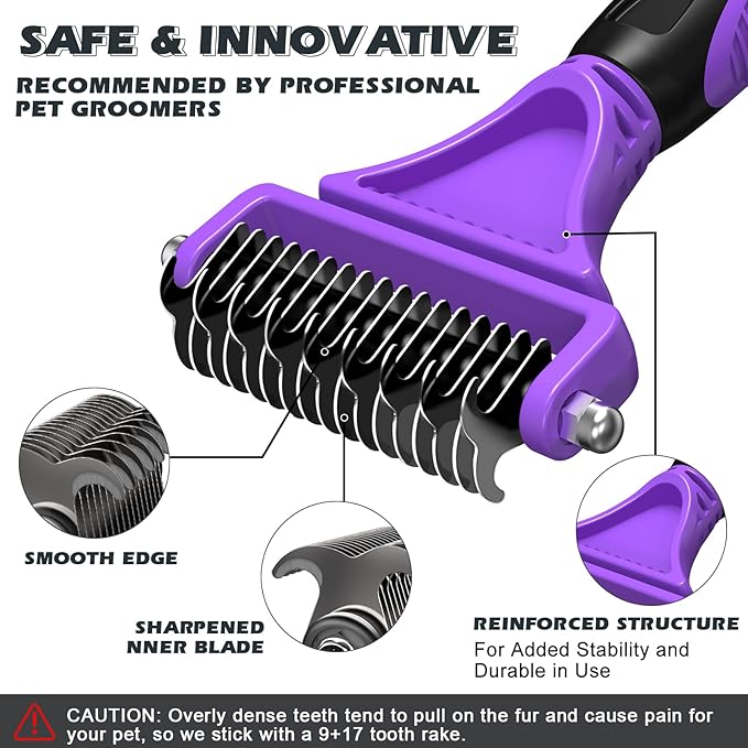 3PCS Pet Grooming Rake & Metal Comb & Flea Comb for Cats and Dogs, Double-Sided Dematting Tool, Extra-Wide Deshedding Dog Brush for Long Hair to Effectively Remove Tangles, Knots and Mats (Purple)