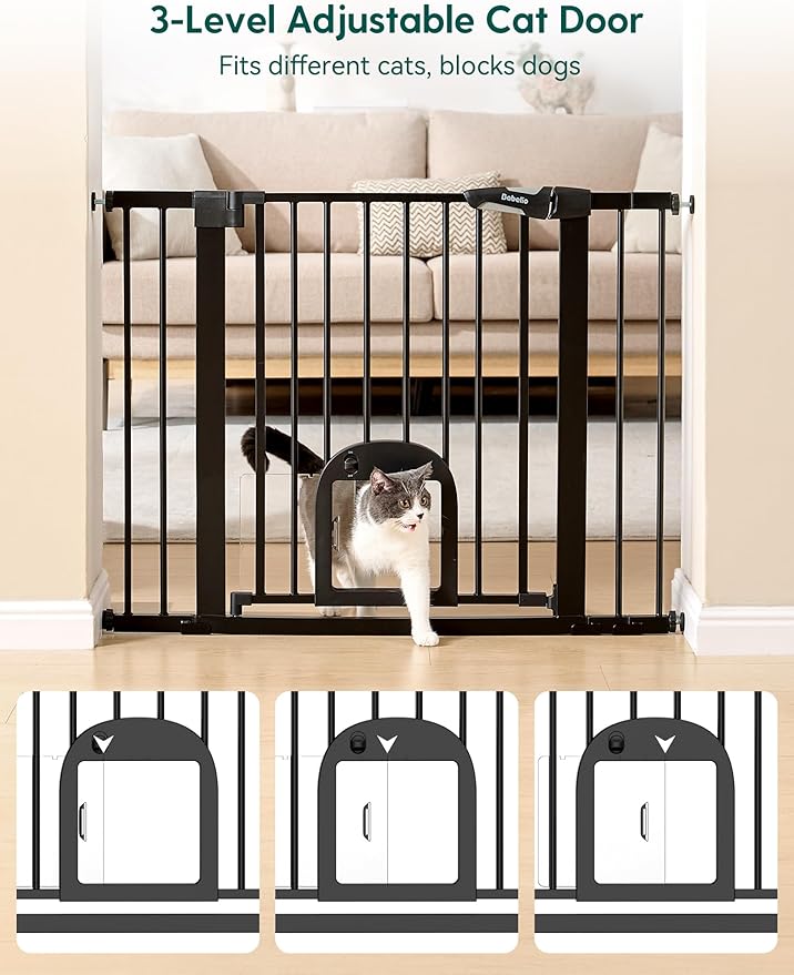 Babelio Upgraded Baby Gate with Cat Door, 29-43" Auto Close Durable Dog Gate for Stairs, Doorways and House, Easy Walk Thru Safety Gate with Pet Door Includes 4 Wall Cups, Black