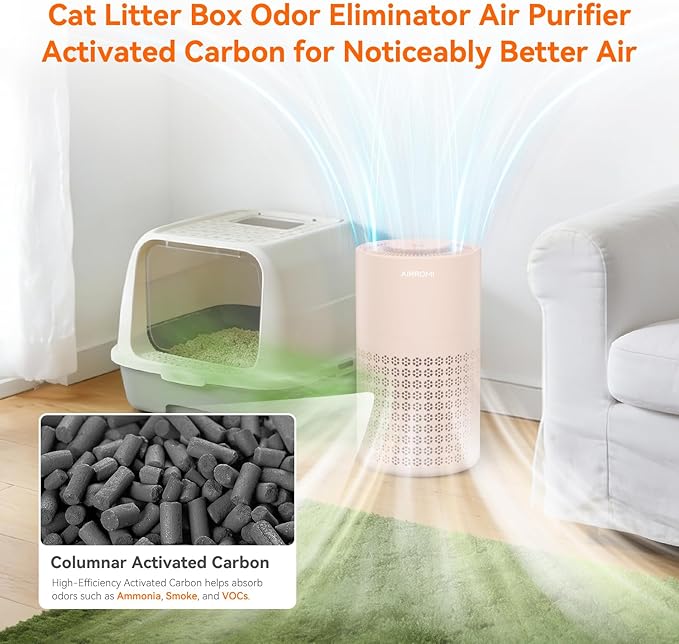 AIRROMI Air Purifier for Bedroom with HEPA 3-in-1 Filter, Pet Air Purifier for Home Cat Pee Smell, Covers Upto 990 Ft², Quiet 360°intake Air Cleaner for pet hair,allergies,Dust,Smoke A2001 Orange