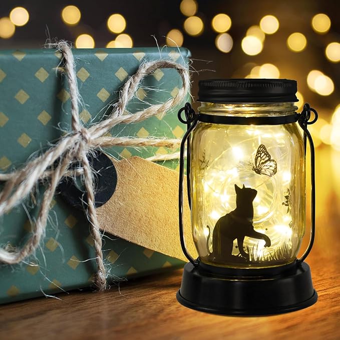kyoryuger Cat Lover Gifts for Mom/Grandma/Women/Sister Cat Butterfly Solar Light Gifts Solar Lanterns Outdoor Waterproof Fairy Lights Led Mason Jar Hanging Cat Lamps Decor for Garden Yard Torche