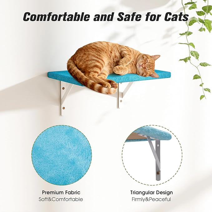COZIWOW 4-Piece Wall-Mounted Cat Tree Set – Sturdy Wood Pet House, Scratching Board, Platforms, Sisal Posts & Blue Fish Charm – Ocean Blue