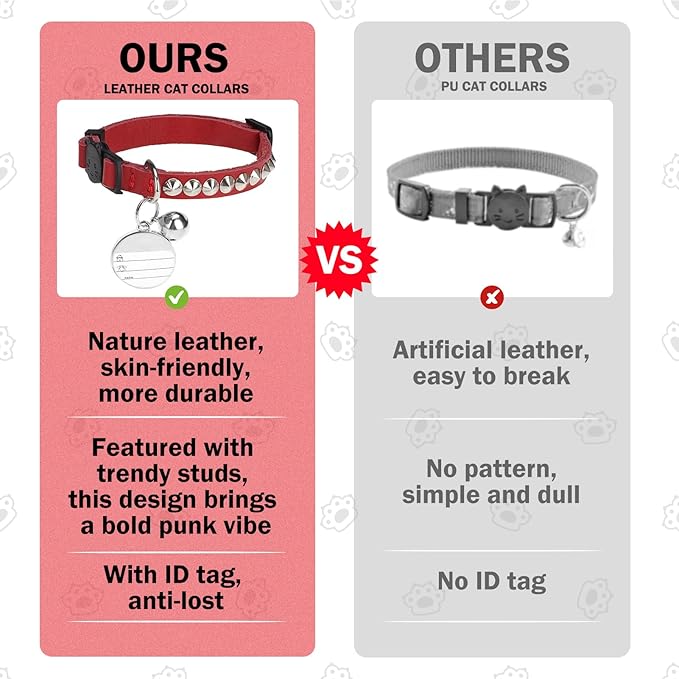 Leather Personalized Breakaway Cat Collar with Studded Bell and Safety Quick Release Buckle - Rivets Studded ID DIY Collars for Boy Girl Cats Kittens, 9" - 11.5" Red