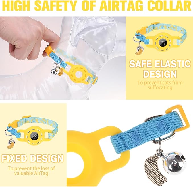 BINGPET AirTag Cat Collar with Bells, Upgraded Safety Elastic Cat Collar with Airtag Cat Collar Holder, Anti-Lost Cat Collars for Girl Boy Cats, Anti-Suffocation Kitty Puppy Collars