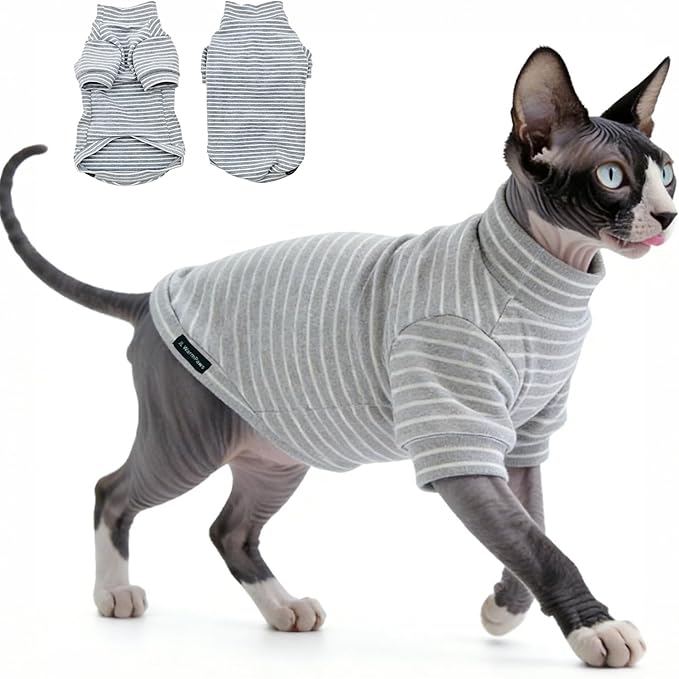 Fleece Sphynx Cat Clothes Soft Hairless Cat Clothes Pullover Cat Sweater for Chihuahua All Season Light and Warm Kitten Cloth for Cats Only Puppy Clothes Small Dog Sweater (Gray Striped, XX-Large)