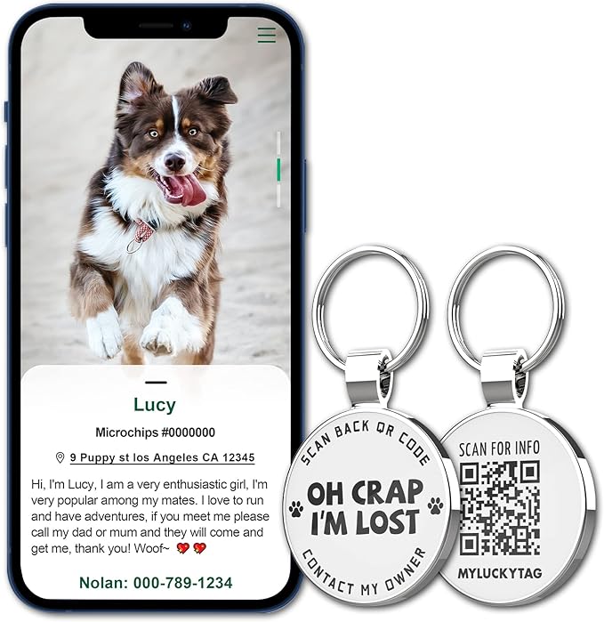 MYLUCKYTAG QR Code Pet ID | Personalized Dog & Cat Collar Tag | Online Profile with Instant Scanned Location Alert Email