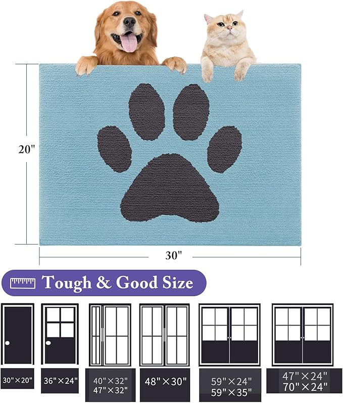 Buganda Dog Door Mat for Muddy Paws, Absorbent Dirt Trapper Non Slip Indoor Doormats, Washable Low-Profile Mat for Mud Dogs, Entryway Carpet for Inside Floor (30x20 Inches, Blue)